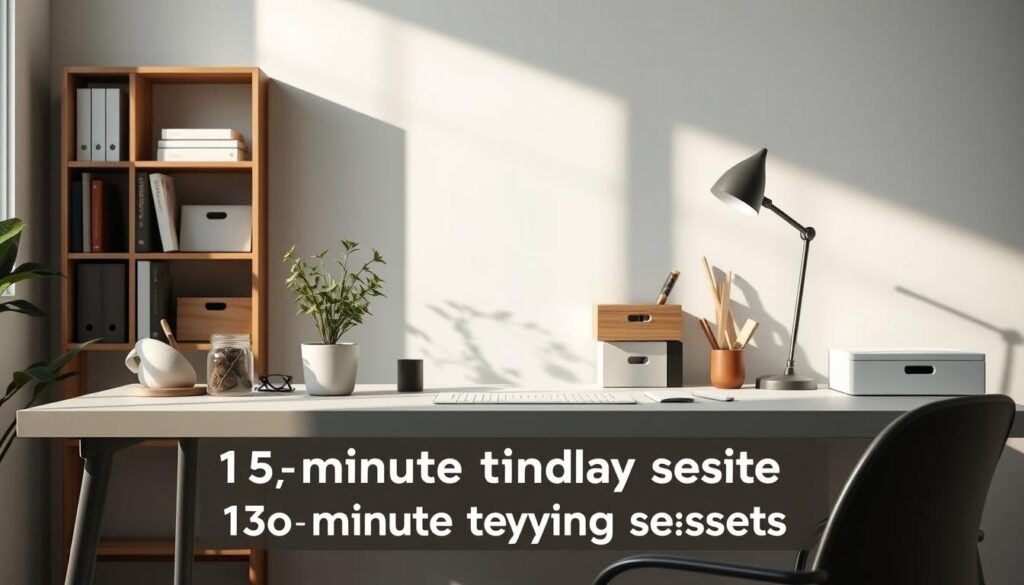 Sleek, minimalist workspace with a clean, decluttered desk. Soft, natural lighting illuminates neatly organized office supplies and a potted plant. In the background, a bookshelf with carefully curated decor pieces. The overall scene exudes a sense of tranquility and productivity, inspiring efficient 15-minute tidying sessions. Muted color palette with warm wood tones and touches of greenery. Rendered in a realistic, high-definition style.