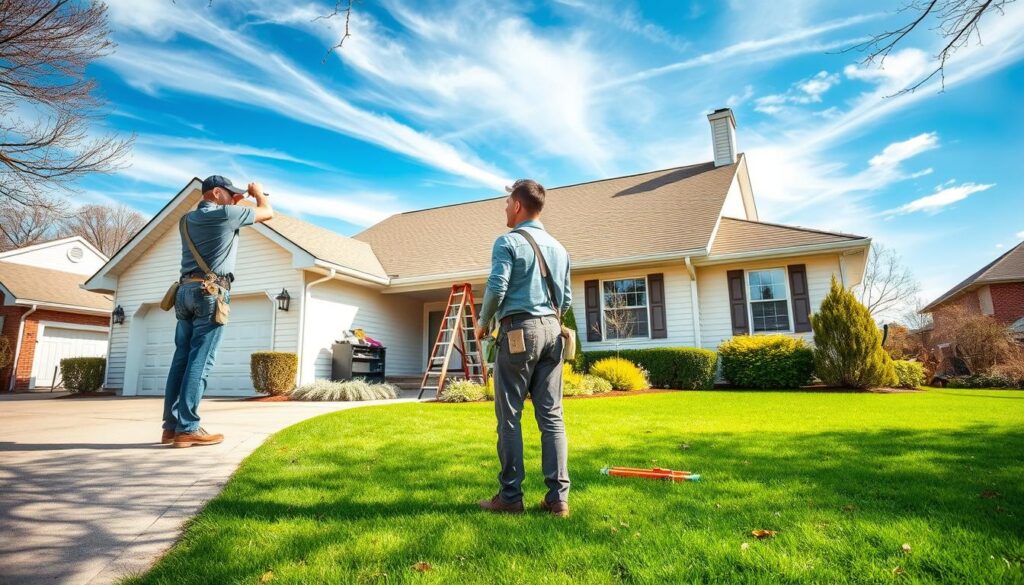 Spring home exterior maintenance: a well-lit suburban house with a freshly painted white facade, trimmed shrubbery, and a neatly swept driveway. In the foreground, a homeowner inspects the roof, gutters, and siding, dressed in work clothes. The middle ground features a ladder propped against the house and tools scattered on the ground. In the background, a bright blue sky with wispy clouds and a lush, verdant lawn create a cheerful, rejuvenating atmosphere, emblematic of the season. The lighting is soft and natural, capturing the essence of a spring day. The overall scene conveys a sense of diligence, care, and the renewed energy of the season.