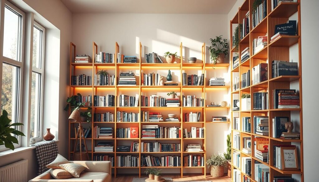 Vertical book shelves in a cozy, sun-drenched room. Sleek, minimalist wooden frames stretch from floor to ceiling, neatly organizing a diverse collection of hardcovers and paperbacks. Warm ambient lighting casts a soft glow, accentuating the textures of the books' spines. A mix of tall and short shelves create visual interest, while strategically placed plants and decor add pops of color and personality. The arrangement is both functional and aesthetically pleasing, perfectly suited for a small living space that celebrates the beauty of the written word.