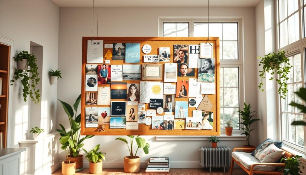 Vibrant vision board floating in a serene, sunlit room. Inspirational images, affirmations, and aspirational clippings artfully arranged on a cork board. Warm natural lighting filters through large windows, casting a soft glow. Wooden shelves, potted plants, and a cozy reading nook in the background. Creativity and intention radiate from the carefully curated display, inviting viewers to visualize and manifest their ideal home and life.