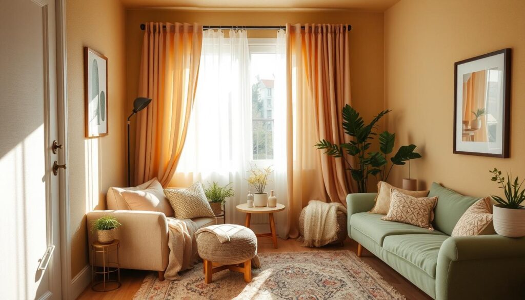 Warm, inviting small room interior with soft, soothing color palette. Vibrant yet muted tones of sage green, dusty rose, and mellow yellow create a harmonious, cozy ambiance. Natural light filters through sheer curtains, gently illuminating the space. Textured walls, plush area rug, and comfy furnishings enhance the sense of comfort and livability. Carefully curated decor elements such as potted plants and framed artwork add personal touches. The overall atmosphere is one of tranquility and relaxation, perfect for making a small room feel more spacious and welcoming.