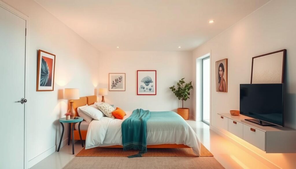 a cozy and inviting small bedroom interior with strategic use of color to create the illusion of a larger space. the room is bathed in warm, soft lighting, with white walls accented by bold pops of color in the furnishings, artwork, and textiles. the ceiling is painted a light, airy blue to draw the eye upward, while a large mirror on the far wall reflects light and creates the impression of depth. the layout is minimalist and uncluttered, with carefully chosen pieces that maximize the available floor space. the overall mood is one of serenity and calm, with the color palette working harmoniously to make the room feel spacious and open.