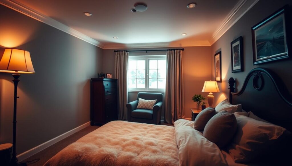 a cozy and well-lit bedroom with a warm, inviting atmosphere. the room is filled with soft, ambient lighting from a floor lamp in the corner, a table lamp on the nightstand, and subtle recessed lighting in the ceiling. the bed is dressed in plush, luxurious bedding, and a comfortable chair sits next to the window, bathed in natural light. the walls are a soothing, neutral color, and framed artwork or photographs add visual interest. the overall mood is one of relaxation and comfort, perfect for winding down at the end of the day.