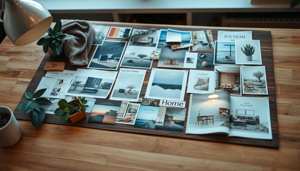 a detailed interior design vision board, meticulously arranged on a wooden tabletop, featuring various elements that inspire the ideal home and life. the board is composed of carefully curated magazine clippings, fabric swatches, color palettes, architectural sketches, and mood-setting photos. the overall aesthetic is a harmonious blend of contemporary and rustic styles, with natural elements like plants and natural fibers complementing sleek, minimalist furniture pieces. the lighting is soft and ambient, creating a warm, inviting atmosphere that sparks creativity and imagination. the composition is visually striking, with a balanced layout that draws the eye to the most meaningful details. this vision board serves as a personalized, tangible representation of the homeowner's design aspirations and lifestyle goals.