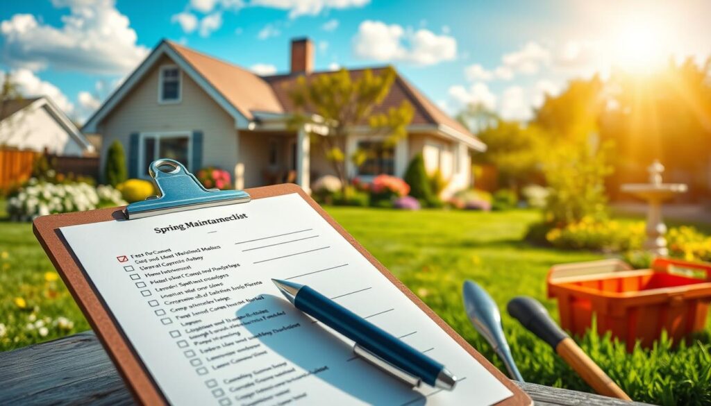 a detailed spring home maintenance checklist, including a list of tasks neatly organized on a clipboard with a pen, a toolbox, and gardening tools in the foreground; the middle ground shows the exterior of a cozy suburban home with freshly mowed lawn, blooming flowers, and a blue sky with fluffy white clouds; the background features a tranquil garden scene with lush greenery, a birdbath, and a warm, golden sunlight illuminating the entire composition; the overall mood is one of order, productivity, and the joyful renewal of the spring season