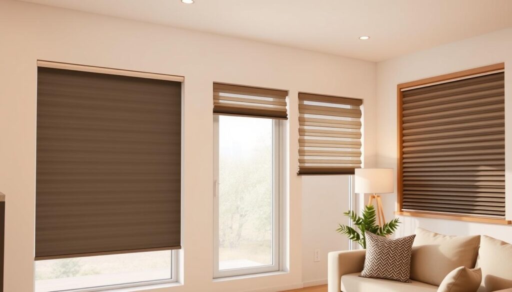 a high-quality, detailed image of energy-efficient window treatments for a modern, minimalist living room. The foreground shows a large picture window with sleek, automated roller blinds that can be easily adjusted to control light and temperature. The middle ground features stylish, insulated cellular shades that provide additional thermal and sound insulation. The background showcases a clean, well-lit interior with natural wood accents and neutral color palette. The lighting is warm and diffused, creating a cozy, inviting atmosphere. The entire scene conveys a sense of comfort, efficiency, and environmental consciousness.