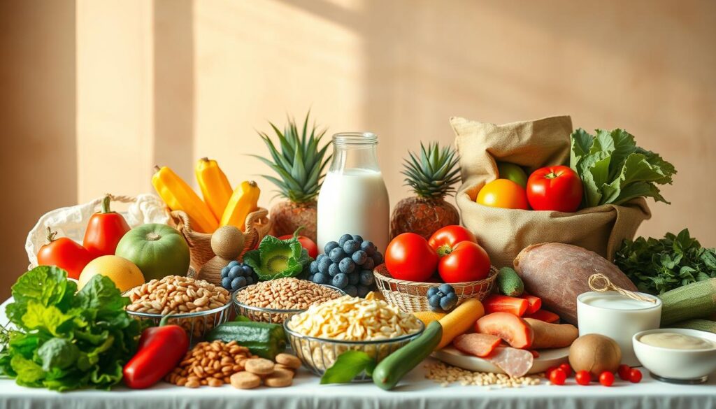 A balanced, nutritious table setting with a variety of fresh produce, whole grains, lean proteins, and dairy products artfully arranged against a warm, inviting backdrop. Soft natural lighting casts a gentle glow, highlighting the vibrant colors and textures of the food. The composition conveys a sense of balance, harmony, and abundance, reflecting the diverse dietary needs of individuals across different life stages, from childhood to adulthood to senior years. Crisp, high-resolution details showcase the appetizing appeal of a well-rounded, adaptable diet.