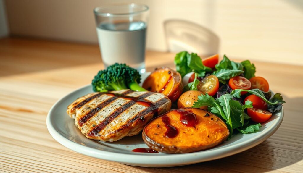 A balanced plate featuring a vibrant array of fresh, nutritious ingredients. In the foreground, a ceramic plate showcases a harmonious composition of grilled chicken, steamed broccoli, roasted sweet potato wedges, and a side salad with mixed greens, cherry tomatoes, and a drizzle of balsamic vinaigrette. The middle ground features a glass of cool, refreshing water, complementing the meal. The background is a serene, minimalist setting with natural wood tones, allowing the plate to be the focal point. Soft, natural lighting illuminates the scene, casting gentle shadows and highlighting the textures and colors of the ingredients. The overall mood is one of wellness, simplicity, and a commitment to a balanced, nourishing diet.