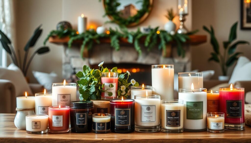 A beautifully curated arrangement of scented candles in a cozy, well-lit living room. In the foreground, an array of artisanal candles in various shapes, sizes, and hues, ranging from soft pastels to rich jewel tones, their wicks gently flickering. The middle ground features a wooden or stone mantelpiece, adorned with lush greenery and small decorative accents that complement the candles. The background showcases a warm, inviting atmosphere, with a mix of natural light filtering through lace curtains and soft, ambient lighting from hidden sources, creating a serene and calming ambiance. The overall scene evokes a sense of comfort, relaxation, and the pleasurable experience of discovering the perfect scented candles for one's living space.
