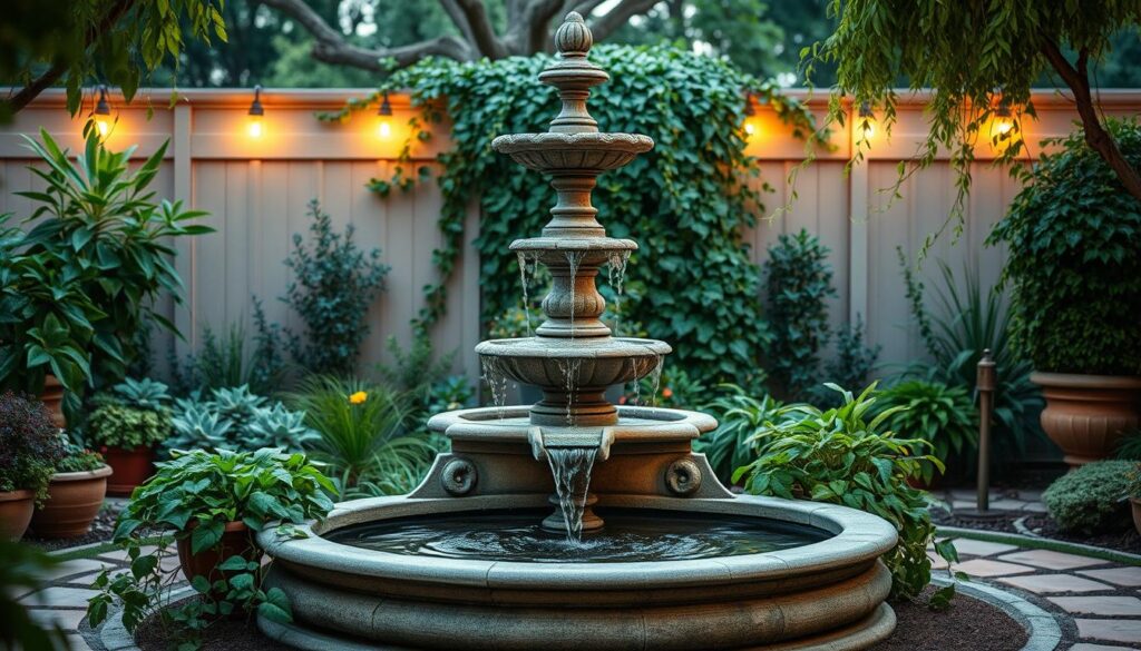 A beautifully designed backyard fountain with a classic, elegant aesthetic. The fountain features a tiered, stone structure with intricate carvings and a central spout that gracefully cascades water into a circular basin below. Lush greenery, such as potted plants and flowing ivy, surround the fountain, creating a serene and inviting atmosphere. Warm, diffused lighting illuminates the scene, casting a soft glow and enhancing the natural textures of the stone. The composition is balanced, with the fountain as the focal point, framed by the verdant backdrop of the backyard setting. This captivating water feature would be a stunning addition to any outdoor space, large or small.