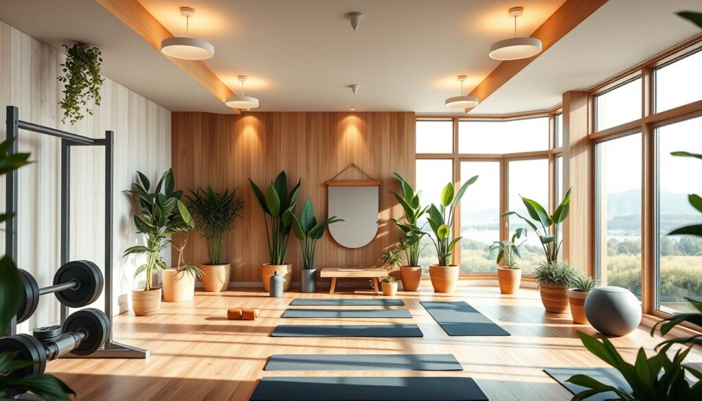 A bright, airy biophilic home gym with natural wood accents and lush greenery. The foreground features a sleek weight rack, yoga mats, and exercise equipment arranged harmoniously. The middle ground showcases tall potted plants and a wall-mounted mirror, creating a serene, nature-inspired ambiance. The background depicts large windows overlooking a peaceful outdoor landscape, allowing natural light to flood the space. Soft, warm lighting from overhead fixtures casts a gentle glow, complementing the organic materials and textures. The overall atmosphere is one of mindfulness, balance, and a deep connection to the natural world, inspiring a holistic, rejuvenating workout experience.