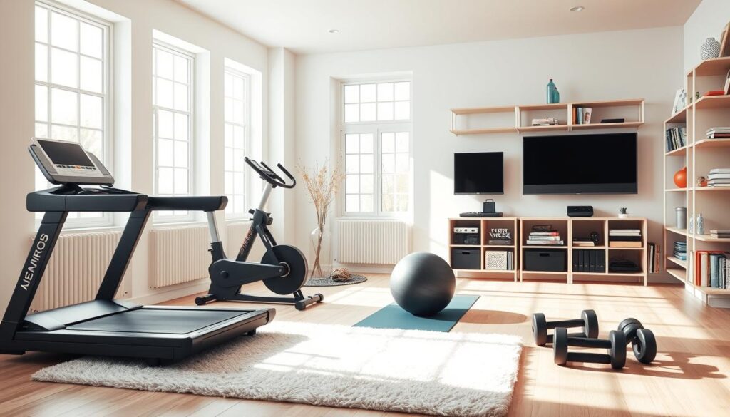 A bright, airy home gym with natural light streaming through large windows, showcasing a carefully curated selection of sleek, minimalist fitness equipment. The foreground features a high-quality treadmill, exercise bike, and free weights tastefully arranged on a soft, plush rug. The middle ground boasts a yoga mat and stability ball, while the background highlights a wall-mounted TV and floor-to-ceiling shelving displaying motivational books and water bottles. The overall mood is one of calm, purposeful, and aesthetically pleasing functionality, inspiring the viewer to prioritize their health and wellness in a visually appealing home setting.