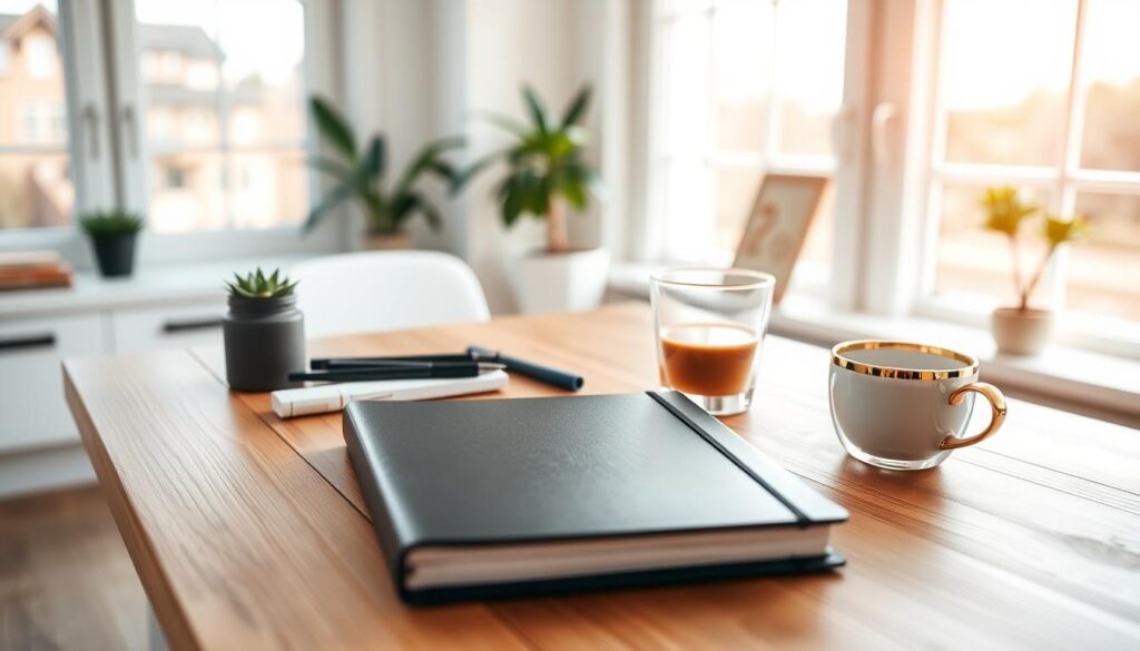 A bright, airy home office with natural light streaming through large windows. On a minimalist wooden desk, an array of morning planning tools are neatly arranged: a sleek black planner, a set of colored pens, a gold-rimmed glass of freshly brewed coffee, and a potted succulent. The desk is positioned in the foreground, with the background softly blurred, creating a serene, focused atmosphere. The lighting is soft and warm, accentuating the textures of the wood and the sheen of the planner's cover. The whole scene exudes a sense of intentionality and a mindful start to the day.