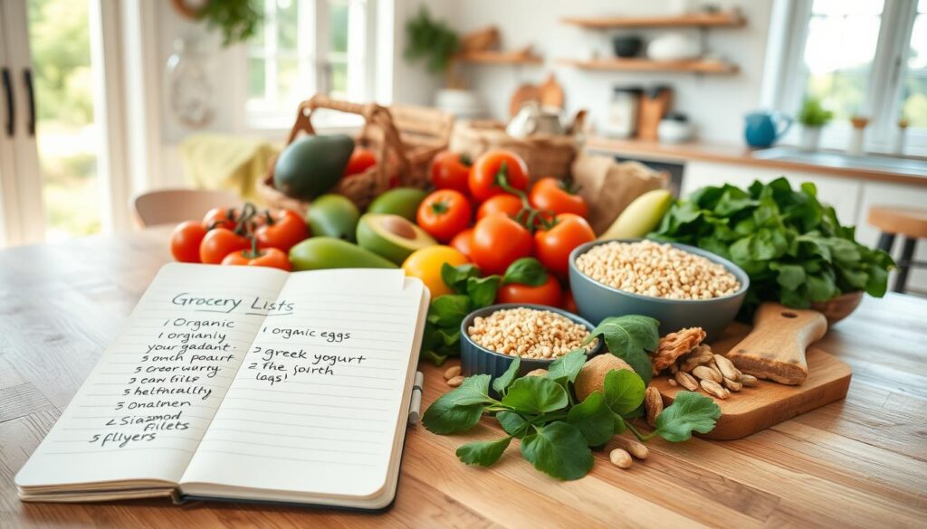 A bright, airy kitchen interior with natural lighting pouring in through large windows. On a wooden table, an organized array of fresh produce, whole grains, and healthy pantry staples - tomatoes, avocados, spinach, quinoa, nuts, and more. Alongside, a neatly handwritten grocery list in a rustic notebook, with items like "organic eggs", "greek yogurt", "salmon fillets" clearly visible. The scene conveys a sense of mindful, clean-eating preparation, with a focus on simple, wholesome ingredients. A minimalist, calming atmosphere pervades the image, inviting the viewer to plan their own nutritious shopping trip.