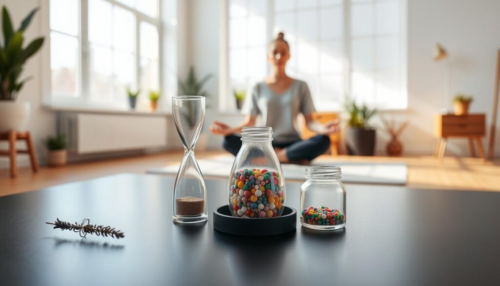 A bright, airy room with natural lighting streaming through large windows. In the foreground, a smooth, matte black table holds a collection of mindfulness items - a small hourglass timer, a sprig of fragrant lavender, and a clear glass jar filled with colorful swirling layers of sand, glitter, and beads. The midground features a meditating figure seated in a lotus position, eyes closed, hands resting on their knees in a state of peaceful contemplation. The background showcases a minimalist, Scandinavian-inspired interior design with white walls, a few potted plants, and simple wood accents. The overall mood is one of tranquility, focus, and wellness.