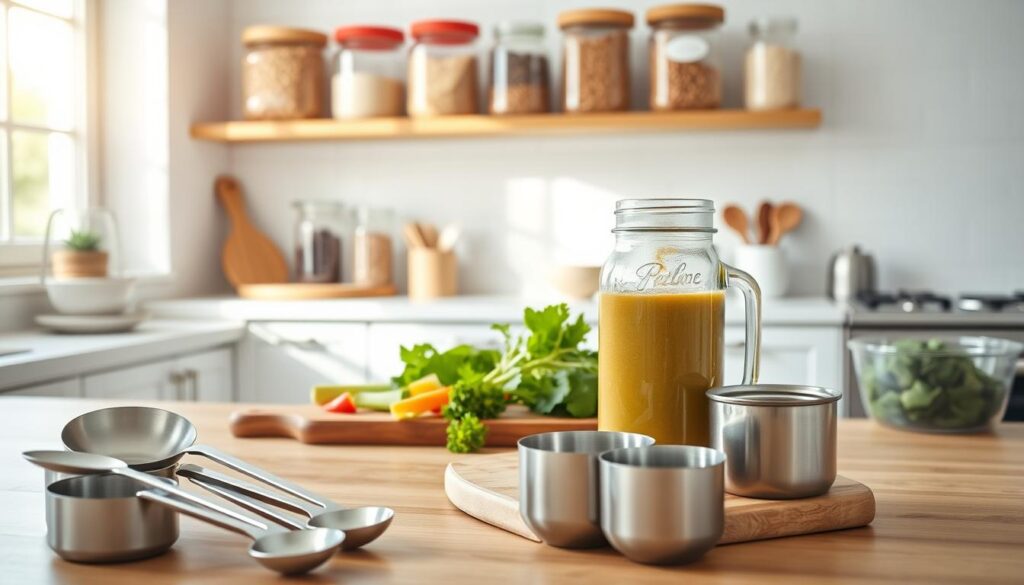 A bright and airy kitchen scene with fresh produce, well-organized meal prep containers, and a neutral color palette. In the foreground, a set of stainless steel measuring cups and spoons neatly arranged. In the middle ground, a wooden cutting board with freshly chopped vegetables, accompanied by a glass mason jar filled with a healthy smoothie. The background features a whitewashed wall with shelves displaying various whole grains, legumes, and spices. Natural daylight streams in through a large window, casting a warm glow over the scene. The atmosphere is calm, clean, and inspirational, showcasing smart meal planning tips for a nutritious lifestyle.