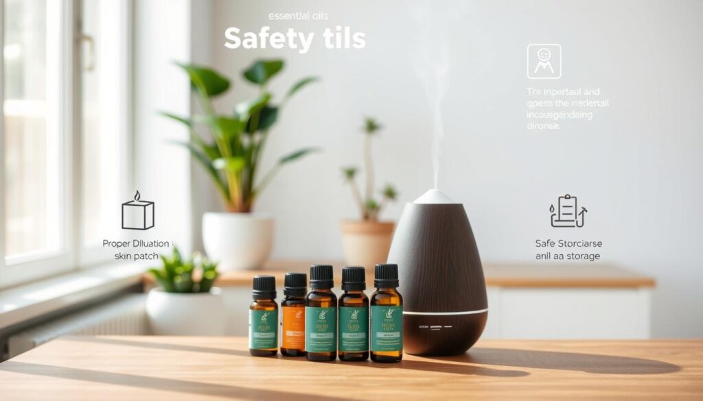A brightly lit, minimalist scene showcasing essential oil safety tips. In the foreground, a wooden table holds various essential oil bottles and diffuser, with concise pictograms and icons illustrating key guidelines - proper dilution, skin patch tests, and safe storage. In the middle ground, a serene, natural backdrop of potted plants and soft, diffused lighting creates a calming atmosphere. The overall composition has a clean, elegant aesthetic, inviting the viewer to explore the important considerations for using essential oils safely and effectively.