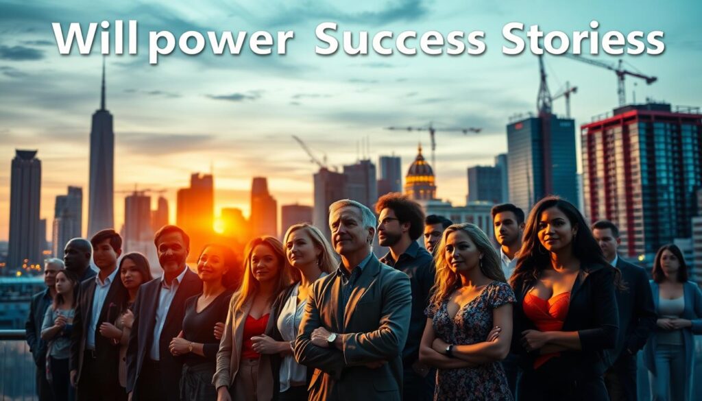 A bustling city skyline at dusk, with soaring skyscrapers and cranes dotting the horizon. In the foreground, a diverse group of people stand tall, their faces lit by an inner glow of determination. They are business leaders, athletes, artists, and everyday individuals, each one a shining example of willpower and self-discipline. The scene is bathed in a warm, golden light, conveying a sense of triumph and personal growth. The image captures the essence of "Willpower Success Stories" - a testament to the power of the human spirit to overcome obstacles and achieve remarkable feats.