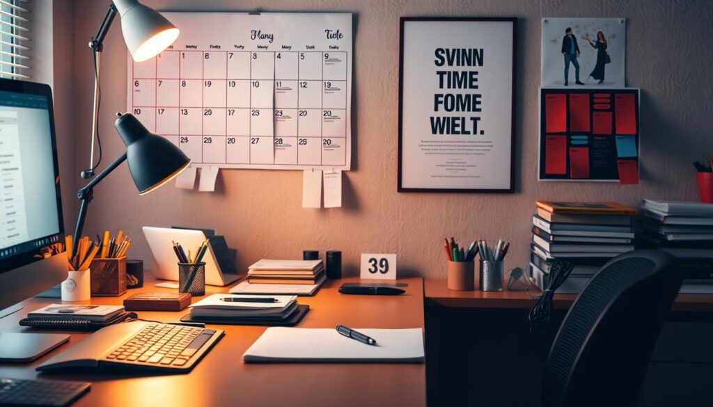 A busy office desk with a well-organized layout, featuring a computer, notebook, and various stationery items. The desk is illuminated by warm, diffused lighting, casting a cozy and focused atmosphere. In the background, a large calendar and a motivational wall poster suggest a structured approach to time management. The overall scene conveys a sense of efficiency, productivity, and a balanced work-life integration.