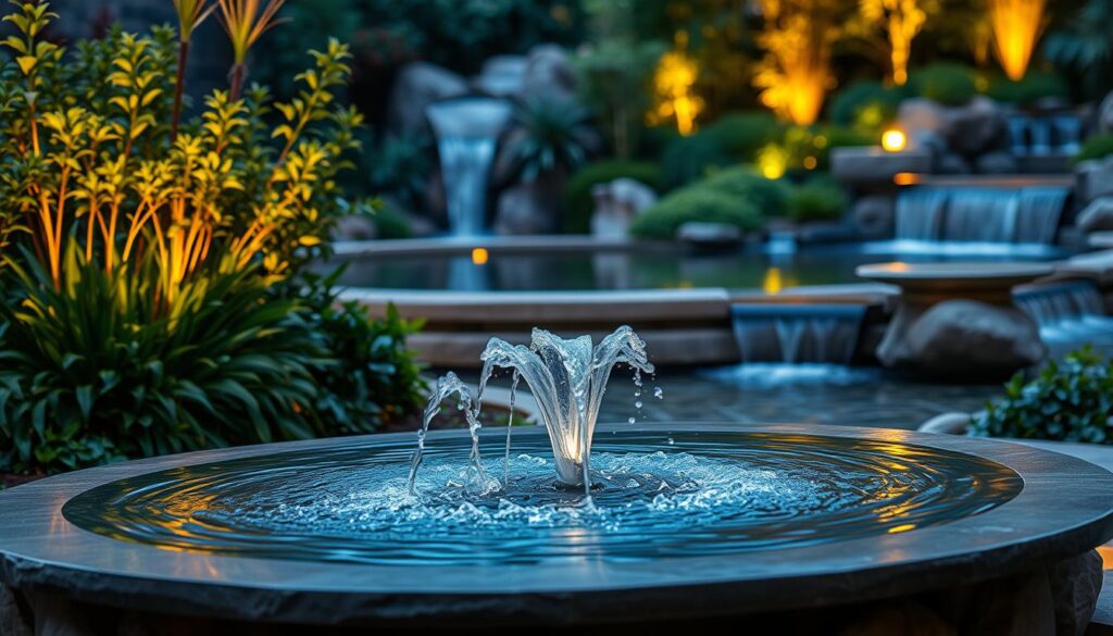 A captivating scene of smart outdoor water features surrounded by lush foliage, illuminated by a warm, diffused glow of LED lighting. In the foreground, a sleek, modern water fountain cascades over polished stone, creating a mesmerizing display. The middle ground features a tranquil, reflection pool, its surface mirroring the surrounding greenery. In the background, a series of small, cascading waterfalls flow effortlessly, their movement accentuated by strategic lighting. The overall atmosphere is one of serene, natural beauty, enhanced by the seamless integration of cutting-edge technology.