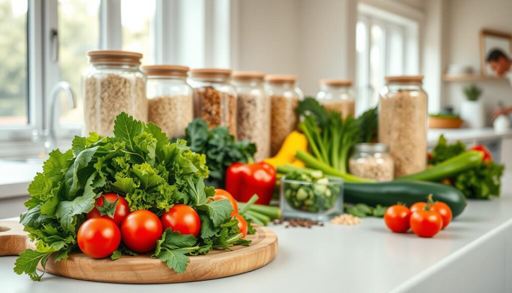 A clean, well-lit kitchen counter showcasing a variety of fresh, wholesome ingredients. In the foreground, a wooden cutting board displays an assortment of vibrant vegetables, including leafy greens, tomatoes, bell peppers, and zucchini. In the middle ground, glass jars filled with grains, legumes, and herbs stand neatly arranged. The background features a row of large windows, allowing natural light to flood the scene and create a warm, inviting atmosphere. The overall composition exudes a sense of balance, simplicity, and a commitment to a healthy, clean eating lifestyle.