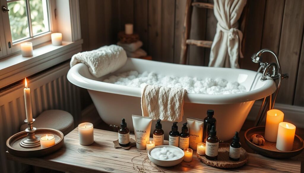 A cozy and inviting home spa setting, with a clawfoot bathtub filled with fragrant bubbles, surrounded by an array of essential supplies. Soft lighting from scented candles and a table displaying natural skincare products, such as face masks, bath salts, and essential oils. In the background, a plush towel and robe hang on a rustic wooden ladder, creating a serene and relaxing atmosphere. The scene exudes a sense of affordable luxury, perfect for a budget-friendly pampering session.