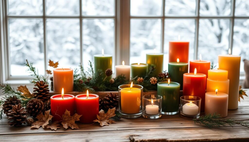 A cozy and inviting scene of seasonal home decor candles arranged on a rustic wooden table. In the foreground, a collection of richly-colored candles in autumnal hues - deep reds, oranges, and warm browns - flicker softly, casting a gentle glow. Behind them, a scattering of pinecones, dried leaves, and a few sprigs of greenery add natural, earthy accents. The middle ground features a mix of pillar candles in festive holiday colors - deep greens, golds, and silvers - nestled amongst delicate glass votives. In the background, a window overlooking a snowy winter landscape, the soft light from the candles reflecting off the glistening snow outside. The overall atmosphere is cozy, inviting, and brimming with the comforts of the changing seasons.