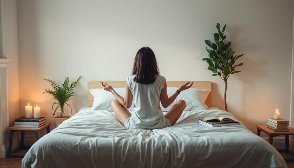 A cozy and minimalist bedroom scene with a person sitting on the bed, digital devices and screens turned off, surrounded by calming natural elements like greenery, candles, and a stack of books. The lighting is soft and warm, creating a serene and inviting atmosphere. The person is in a relaxed, meditative pose, reflecting on the benefits of a digital detox before bedtime. The overall mood conveys a sense of tranquility, mindfulness, and a healthy nighttime routine.