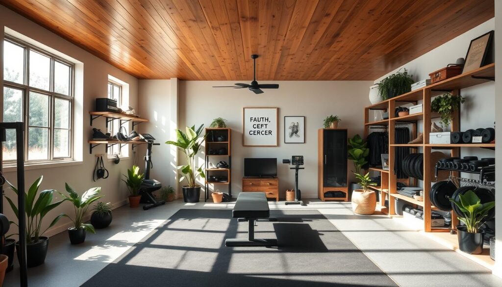 A cozy and well-appointed budget home gym, with a warm and inviting atmosphere. The focal point is a cypress wood ceiling, casting a golden glow over the space. Open shelves line the walls, displaying an organized array of fitness equipment and accessories. Soft natural lighting filters through large windows, casting gentle shadows and highlighting the textural elements. The flooring is a durable but stylish rubber mat, providing both function and form. An assortment of potted plants and minimal wall decor create a sense of tranquility, balancing the utilitarian nature of the gym. The overall aesthetic is one of understated elegance, proving that a beautiful and functional home gym can be achieved on a budget.