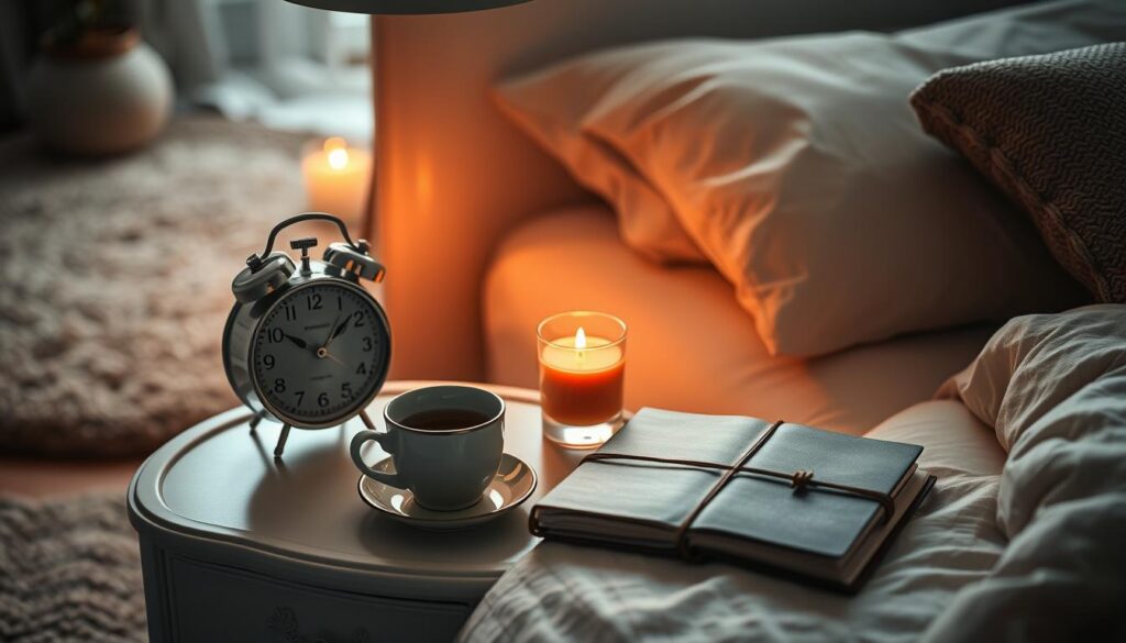 A cozy bedside vignette bathed in warm, ambient lighting. On a delicate nightstand, an elegant analog clock displays the ideal timing for a restorative nighttime routine. Beside it, a soothing cup of herbal tea, a scented candle, and a leather-bound journal, inviting reflection and mindfulness. In the soft, diffused background, a plush area rug and muted, neutral-toned decor create a serene, spa-like atmosphere, conducive to unwinding and preparing for a restful night's sleep.