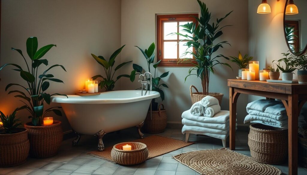 A cozy, budget-friendly home spa ambiance featuring a clawfoot bathtub surrounded by lush potted plants, soft lighting from candles, and plush white towels folded neatly on a rustic wooden vanity. The room has a warm, earthy color palette with natural textures like woven baskets and a woven rug underfoot. The lighting is muted, creating a serene, relaxing atmosphere. A single window allows soft, diffused natural light to filter in, adding to the tranquil mood. The overall scene conveys a sense of simple luxury and self-care that can be achieved without costly renovations.