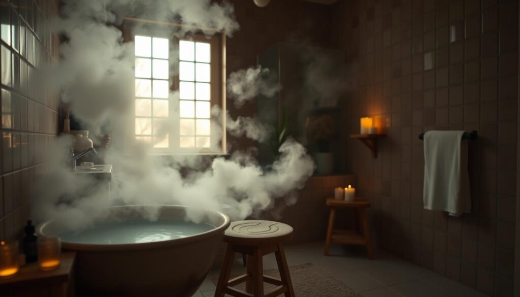 A cozy, dimly lit bathroom set up as a makeshift steam room. In the foreground, a large ceramic bowl filled with hot water, releasing billowing clouds of steam. Towels and bath essentials are neatly arranged nearby. The middle ground showcases a simple wooden stool or small bench, inviting the viewer to sit and relax. In the background, the bathroom walls are tiled in a soothing, earthy color palette, with a large window partially obscured by steam, casting a soft, diffused light. Atmospheric lighting, such as candles or a single overhead fixture, creates a warm, calming ambiance. The overall scene conveys a sense of tranquility and affordable self-care.