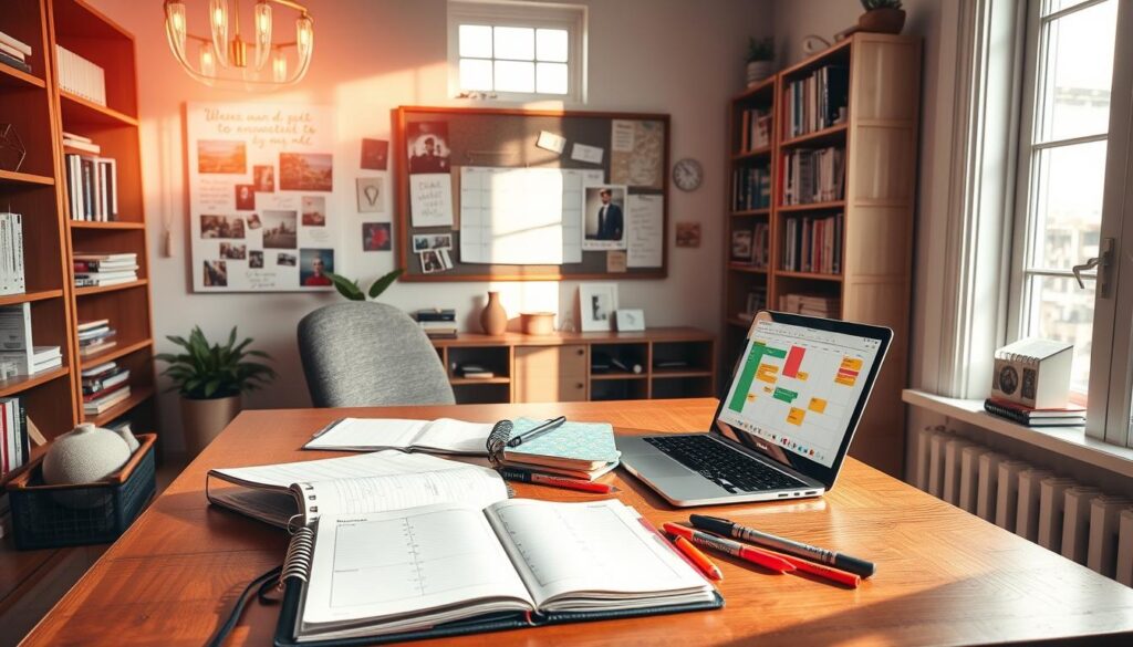 A cozy home office, bathed in warm, natural light streaming through large windows. On a wooden desk, a planner and notebooks lie open, surrounded by an array of pens and highlighters. A sleek laptop sits alongside, its screen displaying a calendar with color-coded time blocks. A vision board hangs on the wall, filled with inspirational images and motivational quotes. Shelves lining the walls hold neatly organized books and files, a testament to a well-structured workflow. The atmosphere is one of focused productivity, with a touch of minimalist elegance.