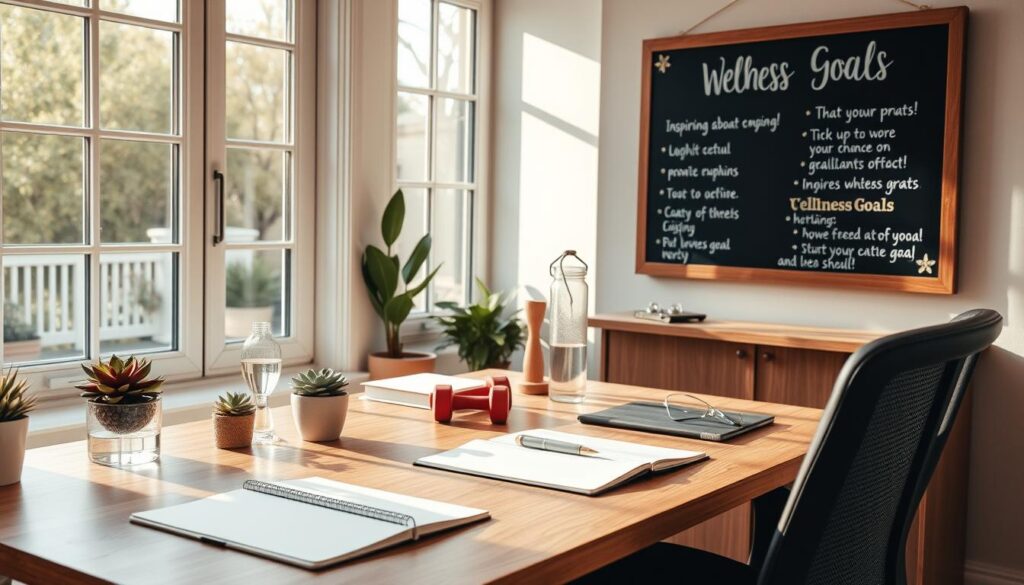 A cozy home office with natural light streaming through large windows, a wooden desk, and a comfortable ergonomic chair. On the desk, an open notebook, a pen, and various wellness-related items such as a succulent plant, a water bottle, and a pair of dumbbells. A vision board with inspiring wellness goals and affirmations hangs on the wall, casting a warm, motivating glow. The room is filled with a sense of tranquility and focus, encouraging the viewer to set their own wellness goals and start their journey to a healthier, more balanced life.