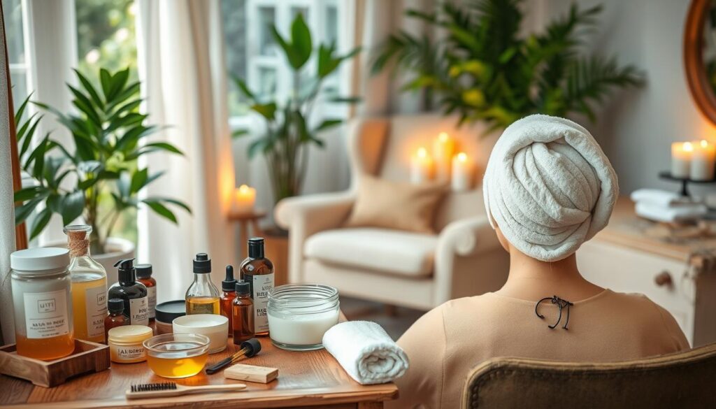 A cozy home spa setting with natural light filtering through airy curtains, showcasing DIY hair care treatments. In the foreground, an array of homemade hair masks, oils, and tools arranged on a rustic wooden vanity. The middle ground features a comfortable armchair with a fluffy towel-wrapped head, hinting at a relaxing hair care ritual. In the background, lush greenery and soothing candles create a tranquil, spa-like ambiance. Soft, diffused lighting casts a warm, inviting glow, capturing the essence of budget-friendly, salon-quality hair care at home.