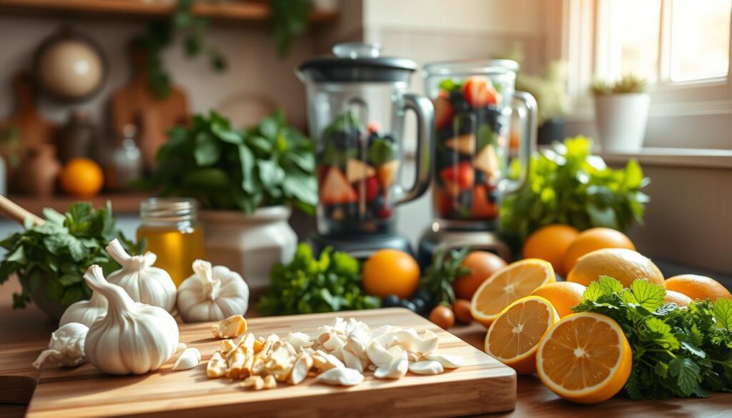 A cozy kitchen countertop filled with a variety of vibrant, immune-boosting ingredients. In the foreground, a cutting board with freshly chopped garlic, ginger, and citrus fruits. Behind it, a bowl of leafy greens, a jar of honey, and a bundle of fresh herbs. In the middle, a blender loaded with berries, yogurt, and other nutrient-dense superfoods. Sunlight streams through a window, casting a warm, golden glow over the scene. The mood is inviting and inspiring, encouraging the viewer to get creative in the kitchen and whip up nourishing, immune-boosting recipes.