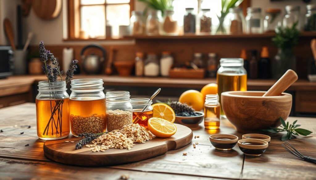 A cozy kitchen scene, warm natural lighting filtering through the windows, showcasing an array of homemade skincare ingredients on a rustic wooden table. In the foreground, glass jars filled with honey, oats, lavender, and other botanical extracts. In the middle ground, a mortar and pestle, a cutting board with sliced citrus fruits, and a few small bowls of essential oils. The background reveals shelves stocked with mason jars, herbs, and spices, hinting at the wealth of natural resources available for crafting effective skincare recipes. The overall atmosphere is inviting, earthy, and conducive to DIY beauty experimentation.
