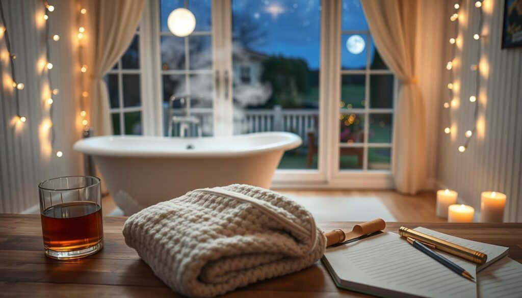 A cozy nighttime wellness routine unfolds against a serene backdrop. In the foreground, a plush bath towel rests on a wooden vanity, beside a glass of herbal tea, a scented candle, and a journal with a gold-tipped pen. The middle ground reveals a claw-foot bathtub filled with steaming water, lit by the soft glow of string lights draped along the walls. In the background, a large window overlooks a moonlit garden, the night sky twinkling with stars. The overall atmosphere is one of tranquility and self-care, inviting the viewer to pause and indulge in a moment of restorative relaxation.