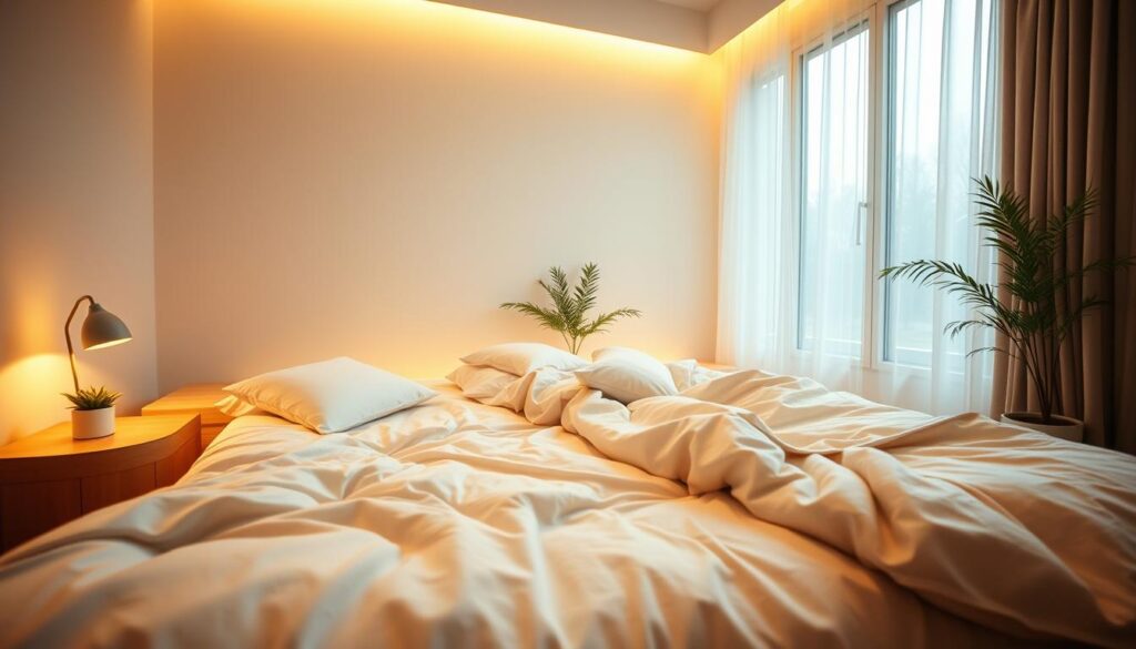 A cozy, serene bedroom with a plush, inviting mattress surrounded by soft bedding and pillows. Warm, indirect lighting creates a peaceful ambiance, with a minimalist bedside table and a single potted plant adding subtle greenery. The walls feature muted, calming colors, and a large window allows natural light to filter in, creating a tranquil, restful atmosphere. The angle captures the bed in a way that emphasizes the comfortable, sleep-inducing environment, inviting the viewer to imagine sinking into a deep, restorative slumber.