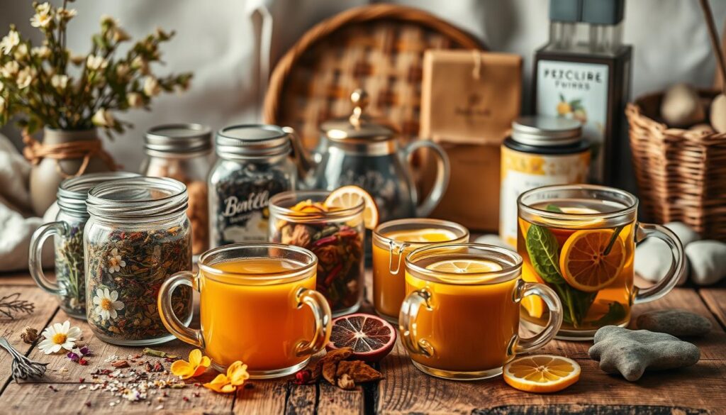A cozy still-life of an assortment of warming winter teas and herbal infusions arranged on a rustic wooden table. In the foreground, steaming mugs of fragrant chamomile, ginger, and turmeric teas sit alongside glass jars filled with dried herbs, flowers, and citrus slices. In the middle ground, a teapot and a selection of artisanal tea tins create a sense of inviting hospitality. The background is softly lit, with a soothing neutral color palette and hints of natural textures like linen, wicker, and stone. The overall scene evokes a sense of comfort, wellness, and time-honored traditions of herbal remedies and holistic health.
