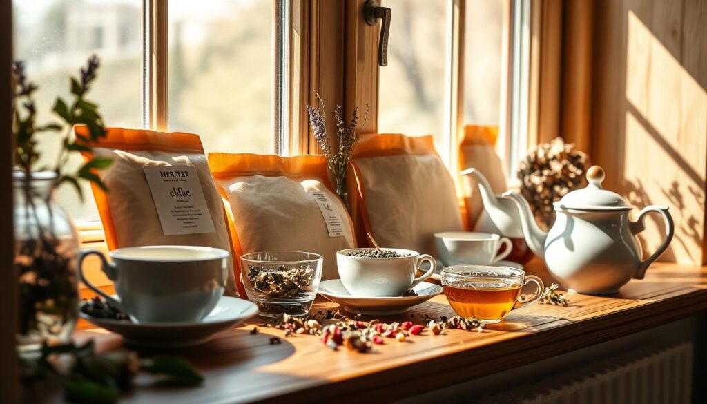 A cozy, sun-drenched window sill showcasing an elegant assortment of herbal teas, their vibrant colors and textures complementing the natural wooden surfaces. Delicate tea cups, a vintage teapot, and a scattering of dried herbs and flowers create a serene, Pinterest-inspired scene. Warm, soft lighting casts a soothing glow, inviting the viewer to pause and indulge in a moment of mindful relaxation. The overall composition exudes a sense of tranquility and wellness, reflecting the calming nature of the featured herbal teas.