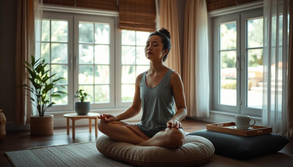 A cozy, sunlit room with soft, diffused lighting from large windows. In the foreground, a person sits cross-legged on a plush meditation cushion, eyes closed in deep contemplation. Their palms rest gently on their knees, and an expression of serenity and focus adorns their face. The middle ground features a minimal, yet elegant decor - a small, wooden side table with a potted plant, a meditation gong, and a tray with a steaming mug of tea. In the background, the room opens up to a tranquil garden, with lush greenery and a hint of a meandering path visible through the window. The overall atmosphere is one of calm, mindfulness, and a sense of intentional, grounding morning wellness.