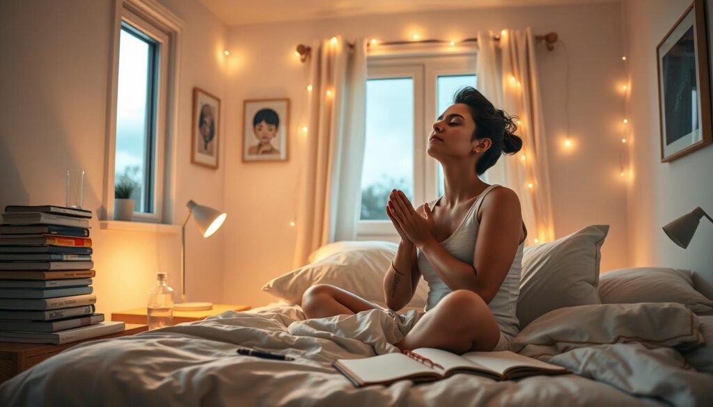 A cozy, well-lit bedroom bathed in warm, soft light. On the nightstand, a stack of books, a glass of water, and a journal with a pen. In the foreground, a person sitting up in bed, eyes closed, engaging in gentle, mindful breathing. The bedding is plush and inviting, with neutral tones and natural textures. On the walls, calming artwork and a string of fairy lights casting a tranquil glow. An open window allows in the sound of a light breeze and a peek of a starry night sky. The overall atmosphere exudes a sense of peace, relaxation, and intentional self-care.
