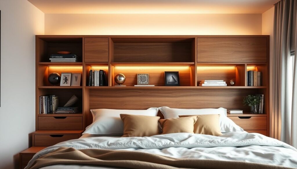 A cozy, well-lit bedroom interior featuring a modern, wooden headboard with integrated storage compartments. The headboard is the focal point, showcasing clean lines, a minimalist design, and a natural, matte finish that complements the soft, neutral-toned bedding and walls. Subtle ambient lighting casts a warm glow, creating a serene and inviting atmosphere. The headboard's built-in shelves and drawers provide ample storage space for books, decor, and personal items, optimizing the room's functionality and organization. The scene is captured from a slightly elevated angle, highlighting the headboard's practical and stylish features.