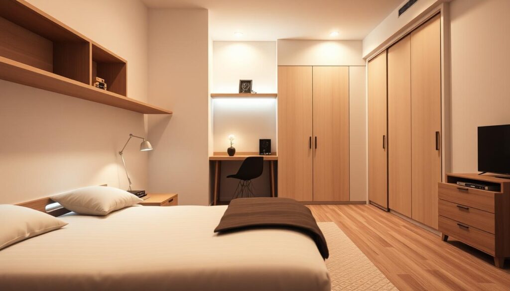 A cozy, well-lit bedroom showcasing an array of space-saving furniture solutions. In the foreground, a sleek, multifunctional platform bed with integrated storage drawers and shelves. In the middle ground, a compact desk with a floating shelf above, perfect for a small workspace. The background features a minimalist wardrobe with sliding doors, maximizing floor space. Soft, diffused lighting illuminates the scene, creating a warm, inviting atmosphere. The overall composition emphasizes clever design choices that transform a limited bedroom into a functional, visually harmonious haven.