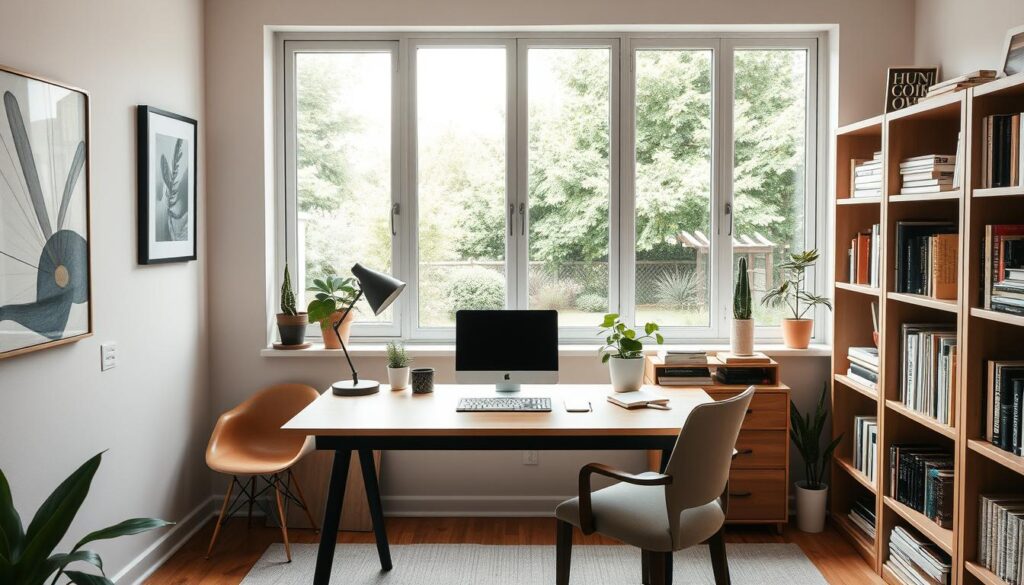 A cozy, well-organized home office with ample natural lighting from large windows overlooking a serene garden. The desk features a minimalist design with essential productivity tools - a laptop, a desk lamp, a potted plant, and a notebook. Bookshelves line the walls, offering a sense of intellectual stimulation. Soft, earthy tones create a calming atmosphere, while pops of color from artwork and decor add visual interest. The room exudes an aura of focus and intentionality, inspiring self-discipline and goal-oriented mindset. A floor-to-ceiling window opens to a lush, verdant backyard, symbolizing a balance between work and tranquility.