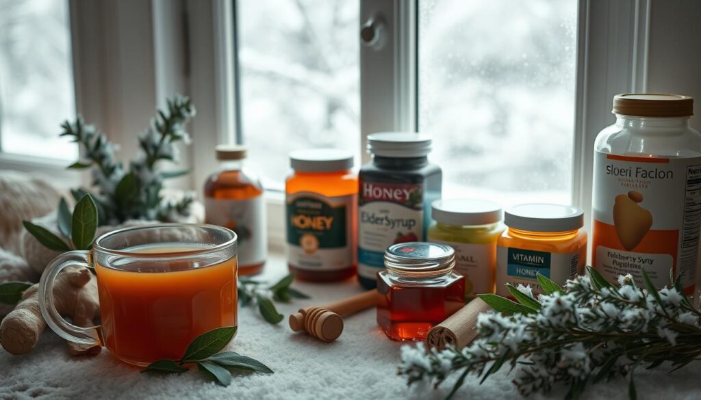 A cozy winter scene showcasing various natural health remedies. In the foreground, a warm mug of herbal tea, fresh ginger, and a bundle of sage leaves. In the middle ground, a diffused light illuminates an array of jars containing honey, elderberry syrup, and vitamin supplements. The background features a snowy window overlooking a serene, frost-covered landscape, creating a tranquil, restorative atmosphere. The lighting is soft and diffused, casting a gentle glow on the scene. A 50mm lens captures the intimate, domestic setting, emphasizing the simple, holistic approaches to bolstering immunity during the winter months.