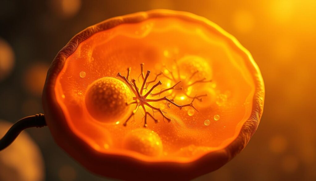 A cross-section of a human cell, illuminated by a soft, warm glow. The mitochondria, the powerhouses of the cell, are prominently featured, their intricate structures buzzing with activity. The background is hazy, with a sense of motion and energy, reflecting the constant cycle of cellular respiration and ATP production. The foreground is in sharp focus, showcasing the complex machinery responsible for generating the energy that powers our bodies, yet this process is quietly exhausting, leaving a pervasive feeling of fatigue. The scene is rendered with a muted, subdued color palette, conveying the weary, drained state of the subject.