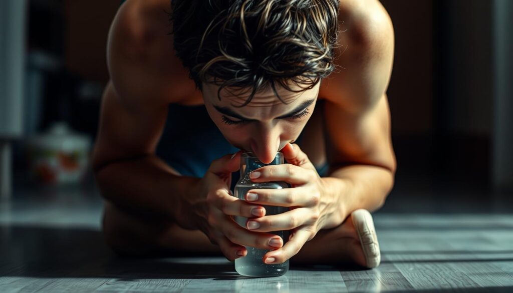 A dehydrated person sitting on the floor, head in hands, with a dull, lifeless expression. The lighting is harsh and unflattering, casting deep shadows across their face. The background is blurred, emphasizing the subject's low energy and disconnection from their surroundings. The overall atmosphere is one of fatigue, lethargy, and the physiological impact of inadequate hydration.