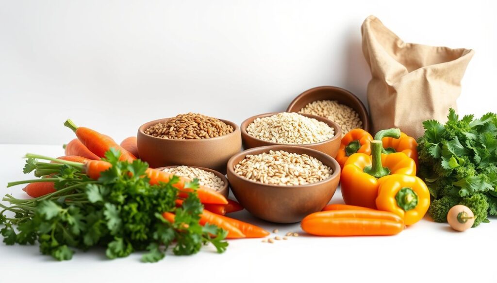 A delightful, minimalist still life featuring an assortment of fresh, nourishing ingredients on a simple white background. In the foreground, an array of vibrant vegetables - carrots, broccoli, and bell peppers - arranged with care. In the middle ground, a variety of whole grains, such as quinoa, brown rice, and oats, displayed in earthy ceramic bowls. The background is softly illuminated, casting a gentle glow on the scene, emphasizing the wholesome and budget-friendly nature of these clean eating essentials. The overall composition is balanced and serene, inviting the viewer to imagine the variety of flavorful, nutrition-packed meals that can be prepared from these humble, affordable ingredients.